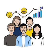 People with Glowing Financial Charts and Happy Smiles concept as A group of people with glowing financial charts and happy smiles set against a whimsical backgro vector
