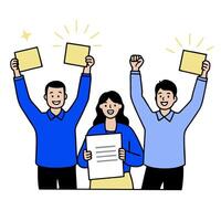 People with Glowing Evaluation Forms and Joyful Faces concept as A group of people holding glowing evaluation forms with joyful faces set against a fantastical b vector