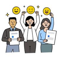 People with Glowing Evaluation Forms and Joyful Faces concept as A group of people holding glowing evaluation forms with joyful faces set against a fantastical b vector