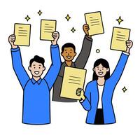 People with Glowing Evaluation Forms and Joyful Faces concept as A group of people holding glowing evaluation forms with joyful faces set against a fantastical b vector