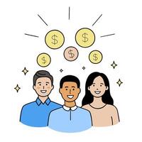 People with Glowing Coins and Radiant Bank Statements concept as A group of people with glowing coins and radiant bank statements set against a dreamy background vector