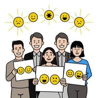 People with Glowing Evaluation Forms and Joyful Faces concept as A group of people holding glowing evaluation forms with joyful faces set against a fantastical b vector