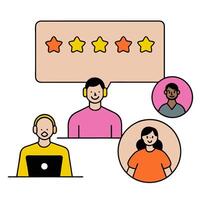 Customer service team conducting a hybrid feedback session concept as A customer service team conducting a hybrid feedback session with onsite and remote agents vector