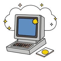 CRT Monitor with Obsolete Certificate and Vintage Keyboard concept as A CRT monitor with an obsolete certificate and vintage keyboard set against a dreamy backgr vector