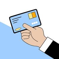 Credit Card and Hand concept as Hand presenting a credit card in front of a blurred background with copy space. in Photo Stock Concept vector