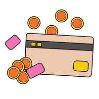 Credit Card and Digital Coins concept as A credit card placed among digital coins with ample copy space. in Photo Stock Concept vector