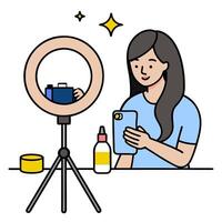 Beauty Blogger Reviewing Foundation with Ring Light and Copy Space concept as Wide shot of a beauty blogger reviewing a foundation product under a ring light in vector