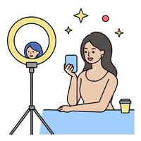 Beauty Blogger Reviewing Foundation with Ring Light and Copy Space concept as Wide shot of a beauty blogger reviewing a foundation product under a ring light in vector