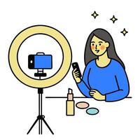 Beauty Blogger Applying Highlighter with Ring Light and Copy Space concept as Wide shot of a beauty blogger applying highlighter under a ring light in a well lit vector