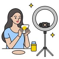 Beauty Blogger Reviewing Foundation with Ring Light and Copy Space concept as Wide shot of a beauty blogger reviewing a foundation product under a ring light in vector