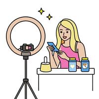 Beauty Blogger Reviewing Foundation with Ring Light and Copy Space concept as Wide shot of a beauty blogger reviewing a foundation product under a ring light in vector