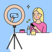 Beauty Influencer Applying Eyeshadow with Ring Light in Home Studio with Copy Space concept as Long shot of a beauty influencer applying eyeshadow under a ring l vector