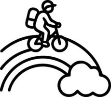 Biker with Helmet and Backpack on Rainbow Road concept as Wide shot of a biker with a helmet and backpack riding on a rainbow road. The vibrant and colorful sett vector