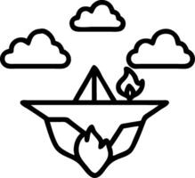 Camper with Campfire and Tent on Floating Island concept as Long shot of a camper with a campfire and tent on a floating island. The surreal landscape includes m vector