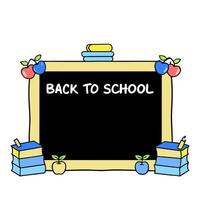 Classroom Chalkboard Border with Books and Back to School Wording concept as A charming border frame featuring a classroom chalkboard stacks of books and apples. vector