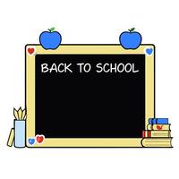 Classroom Chalkboard Border with Books and Back to School Wording concept as A charming border frame featuring a classroom chalkboard stacks of books and apples. vector
