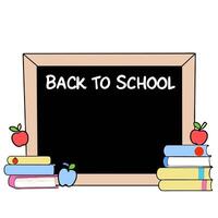 Classroom Chalkboard Border with Books and Back to School Wording concept as A charming border frame featuring a classroom chalkboard stacks of books and apples. vector