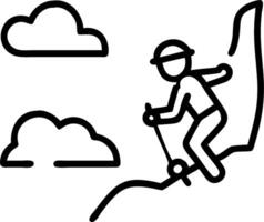 Climber with Helmet and Rope on Floating Cliff concept as Wide shot of a climber with a helmet and rope ascending a floating cliff. The surreal landscape include vector