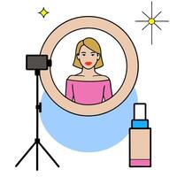 Cosmetic Brand Ambassador Posing with Lipstick and Light Box in Studio concept as Long shot of a cosmetic brand ambassador posing with a lipstick under a light b vector