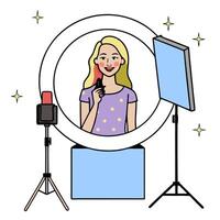 Cosmetic Brand Ambassador Posing with Lipstick and Light Box in Studio concept as Long shot of a cosmetic brand ambassador posing with a lipstick under a light b vector
