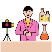 Cosmetic Chemist Formulating New Product in Lab with Copy Space concept as Long shot of a cosmetic chemist formulating a new product in a high tech lab. The came vector