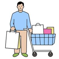 Individual with a grocery store shopping cart and reusable bags overlay symbolizing American suburban shopping in double exposure with copy space. concept as An vector