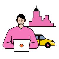 Individual with a New York taxi laptop and coffee overlay symbolizing urban mobility in double exposure with copy space. concept as An individual blended with a vector
