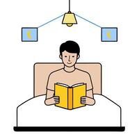 Individual with a smart lighting system modern bedroom and book overlay symbolizing tech enhanced relaxation in double exposure with copy space. concept as An in vector