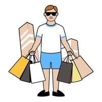 Individual with a Los Angeles street view sunglasses and shopping bags overlay symbolizing leisure city life in double exposure with copy space. concept as An in vector