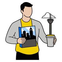 Individual with a Seattle skyline coffee mug and notebook overlay symbolizing laid back city life in double exposure with copy space. concept as An individual bl vector