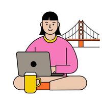 Individual with a San Francisco bridge laptop and coffee overlay symbolizing tech city lifestyle in double exposure with copy space. concept as An individual ble vector