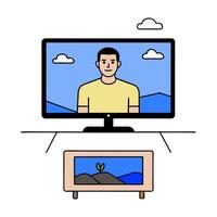 Individual with a streaming device smart TV and living room overlay symbolizing modern digital entertainment in double exposure with copy space. concept as An in vector