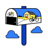Individual with a suburban street view mailbox and bicycles overlay symbolizing American suburban neighborhood life in double exposure with copy space. concept a vector