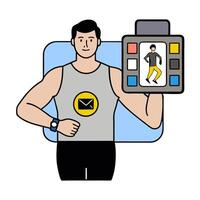 Individual with fitness tracker and digital interface overlay symbolizing health focused smart lifestyle in double exposure with copy space. concept as An indivi vector