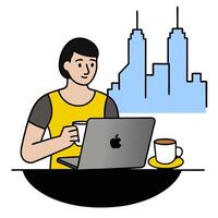 Individual with notebook coffee and city skyline overlay symbolizing American urban workspace in double exposure with copy space. concept as An individual blende vector