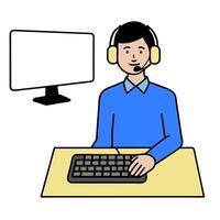 Individual with headset keyboard and monitor overlay symbolizing American tech focused workday in double exposure with copy space. concept as An individual blend vector