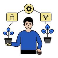 Individual with smart lighting system and tech overlay symbolizing energy efficient smart living in double exposure with copy space. concept as An individual ble vector