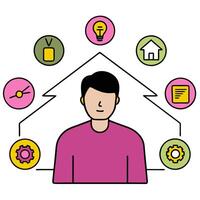 Individual with smart lighting system and tech overlay symbolizing energy efficient smart living in double exposure with copy space. concept as An individual ble vector