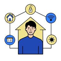 Individual with smart lighting system and tech overlay symbolizing energy efficient smart living in double exposure with copy space. concept as An individual ble vector