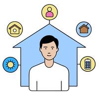 Individual with smart lighting system and tech overlay symbolizing energy efficient smart living in double exposure with copy space. concept as An individual ble vector