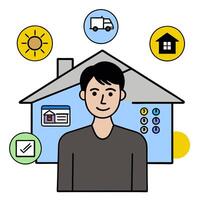 Individual with smart lighting system and tech overlay symbolizing energy efficient smart living in double exposure with copy space. concept as An individual ble vector