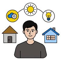 Individual with smart lighting system and tech overlay symbolizing energy efficient smart living in double exposure with copy space. concept as An individual ble vector