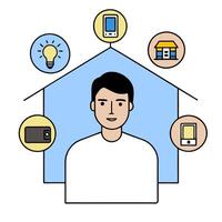 Individual with smart lighting system and tech overlay symbolizing energy efficient smart living in double exposure with copy space. concept as An individual ble vector
