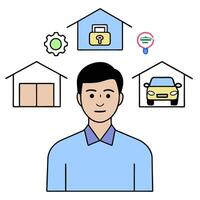 Individual with smart lighting system and tech overlay symbolizing energy efficient smart living in double exposure with copy space. concept as An individual ble vector
