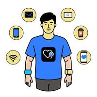 Individual with smart lighting system and tech overlay symbolizing energy efficient smart living in double exposure with copy space. concept as An individual ble vector