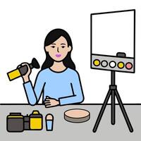 Makeup Artist Demonstrating Eyeshadow Palette in Studio with Copy Space concept as Wide shot of a makeup artist demonstrating an eyeshadow palette in a professio vector