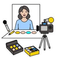 Makeup Artist Demonstrating Eyeshadow Palette in Studio with Copy Space concept as Wide shot of a makeup artist demonstrating an eyeshadow palette in a professio vector