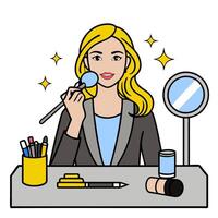 Makeup Artist Presenting Lipstick and Brush with Copy Space concept as Wide shot of a makeup artist demonstrating lipstick application using a brush. The camera vector