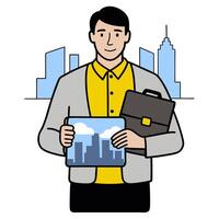 Person with a Boston cityscape tablet and briefcase overlay symbolizing academic city lifestyle in double exposure with copy space. concept as A person intertwin vector