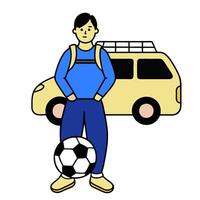 Person with a minivan soccer ball and backpack overlay symbolizing American family mobility in double exposure with copy space. concept as A person intertwined w vector